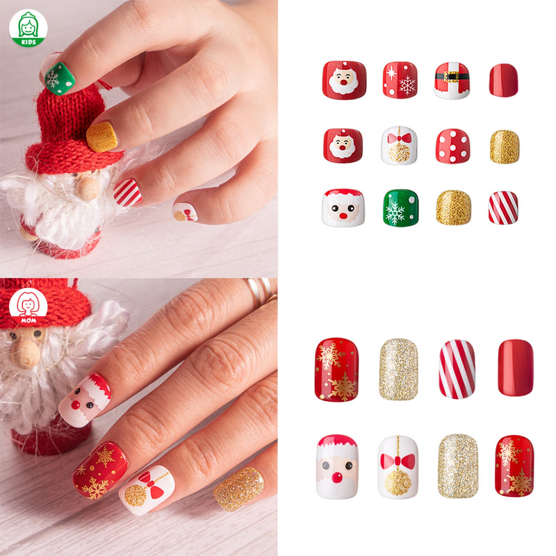 54Pcs Christmas Fake Nails For Kids and Mom, Glossy Red Press on Nails