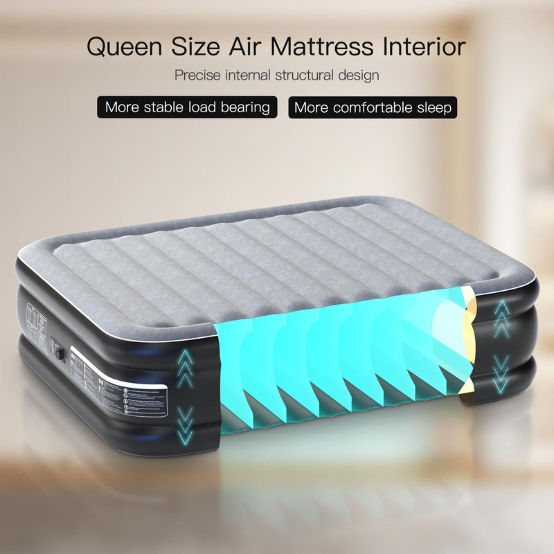 Lavisx 18" Premium Queen Size Air Mattress with Built-In Pump, Soft Flocked Top, and Automatic Inflation/Deflation