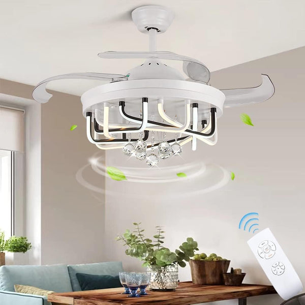 40W Ceiling Fan with LED Lights, 42 Inch Modern Chandelier Ceiling Fan Remote, 3-Blade Retractable Flush Mount Ceiling Fans Light