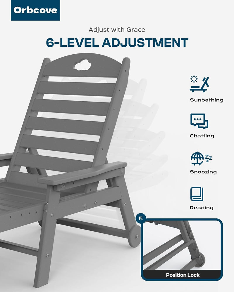 Outdoor Lounge Chair with Cup Holder, Outdoor Chaise Lounge with 6-Position Adjustable Backrest, HDPE Lounge Chair for Poolside, Patio, Deck & Backyard, Chaise Lounge