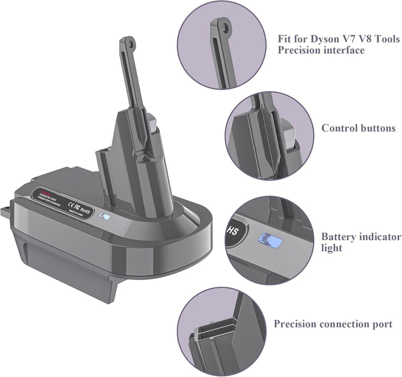 LONG FIT Replace for DeWalt 20V and M-18 18V Li-ion Battery Converted to Dyson V7+V8 Battery, Use for Dyson V7+V8 Series (Only Compatible with Original 4.0+ah Batteries Capacity)