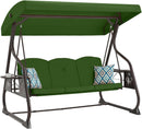 3-Seat Patio Porch Swing 800LBS Outdoor Swing with Stand w/Canopy & Adjustable Backrest Patio Glider Chair w/Removable Pillows & Foldable Side Tray for Balcony Garden Deck