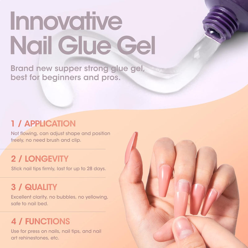 Nail Tips and Glue Gel Kit, 480Pcs Medium Almond Fake Nails, Easy Nail Glue Gel Nail Extension Kit With UV Light