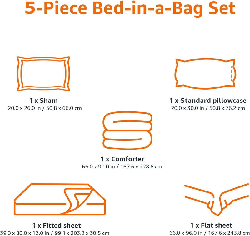 Amazon Basics Lightweight Microfiber Bed-in-a-Bag Comforter 5-Piece Bedding Set, Twin/Twin XL