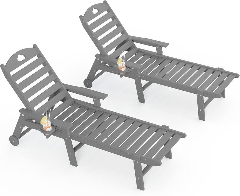 Outdoor Lounge Chair with Cup Holder, Outdoor Chaise Lounge with 6-Position Adjustable Backrest, HDPE Lounge Chair for Poolside, Patio, Deck & Backyard, Chaise Lounge