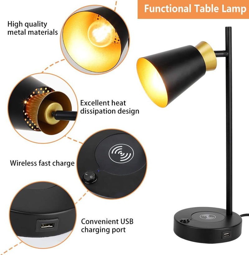 LED Desk Lamp, 5W E14 Table Lamp with Wireless Charger and USB Charging Port