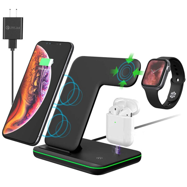 3-in-1 Wireless Charging Station for iPhone, Apple Watch, and AirPods + Wall Adapter