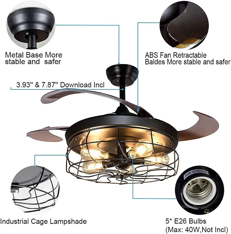 Ceiling Fan with Lights, 42 Industrial Ceiling Fan with Retractable Blades and Remote