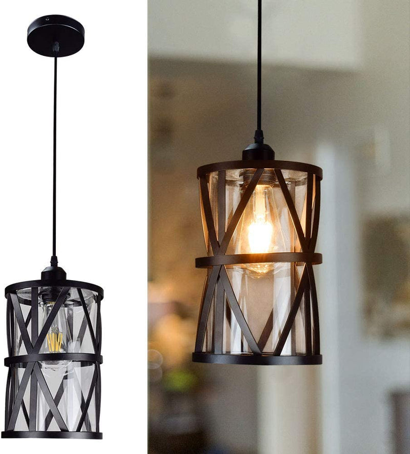 Industrial Pendant Light, Adjustable Hanging Light Fixtures with Clear Glass Shade, Farmhouse Pendant Lighting for Kitchen Island Dining Room Living Room Bedroom, Black Metal Finish, E26 Base