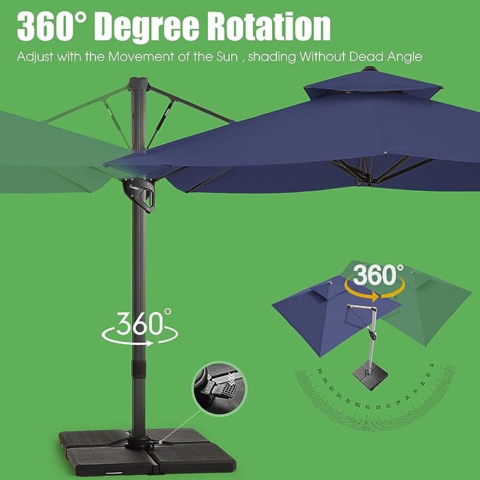 9' x 12' Patio Umbrella, Double Top Large Cantilever Umbrella Aluminum Offset Umbrella Heavy Duty Outdoor Pool Umbrellas with 360 Degree Rotation & Cross Base, Navy Blue
