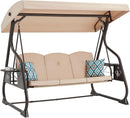 3-Seat Patio Porch Swing 800LBS Outdoor Swing with Stand w/Canopy & Adjustable Backrest Patio Glider Chair w/Removable Pillows & Foldable Side Tray for Balcony Garden Deck