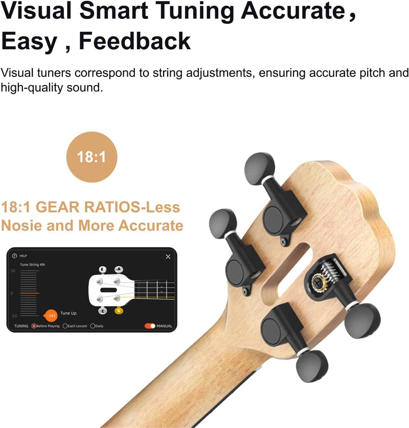 Populele Populele Concert Ukulele Beginners 23-Inch Smart Ukulele with 72 LED Lights, Free Online Lessons Auto-Tuner Gig Bag Strap Nylon String Picks for Family Fun Travel and Gifts