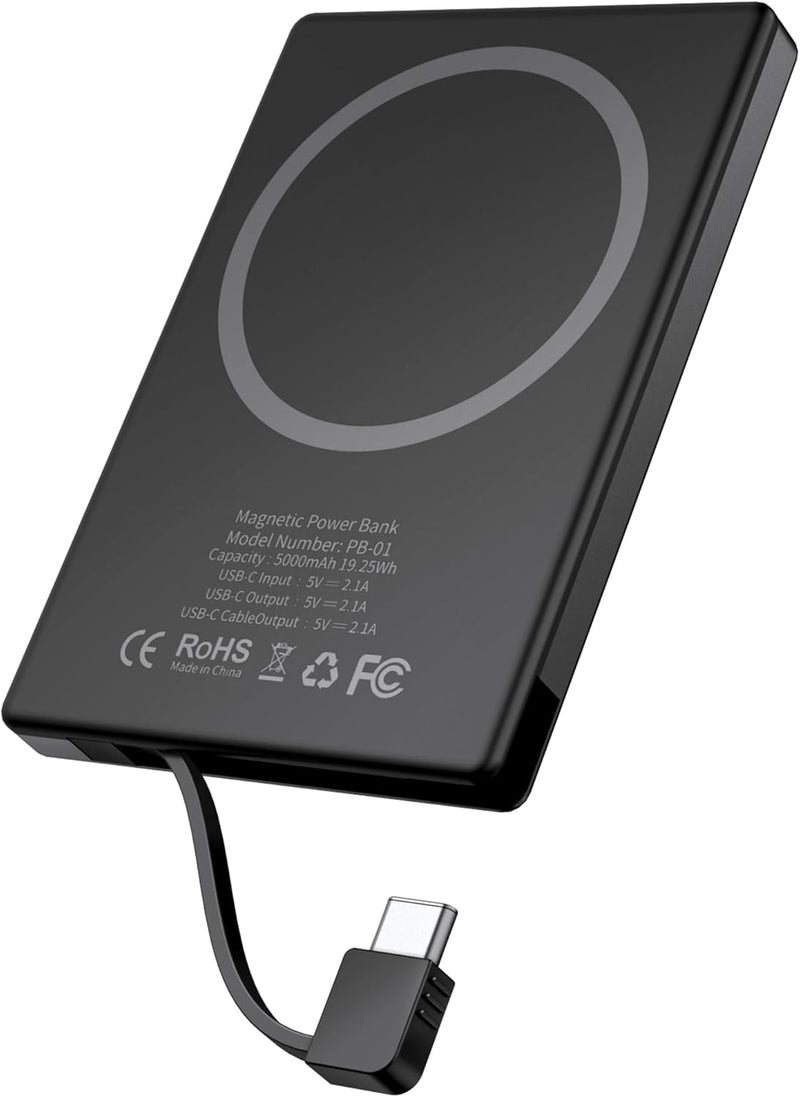 5000mAh Magsafe Power Bank Charger with Built-In USB C or Lightning Cable