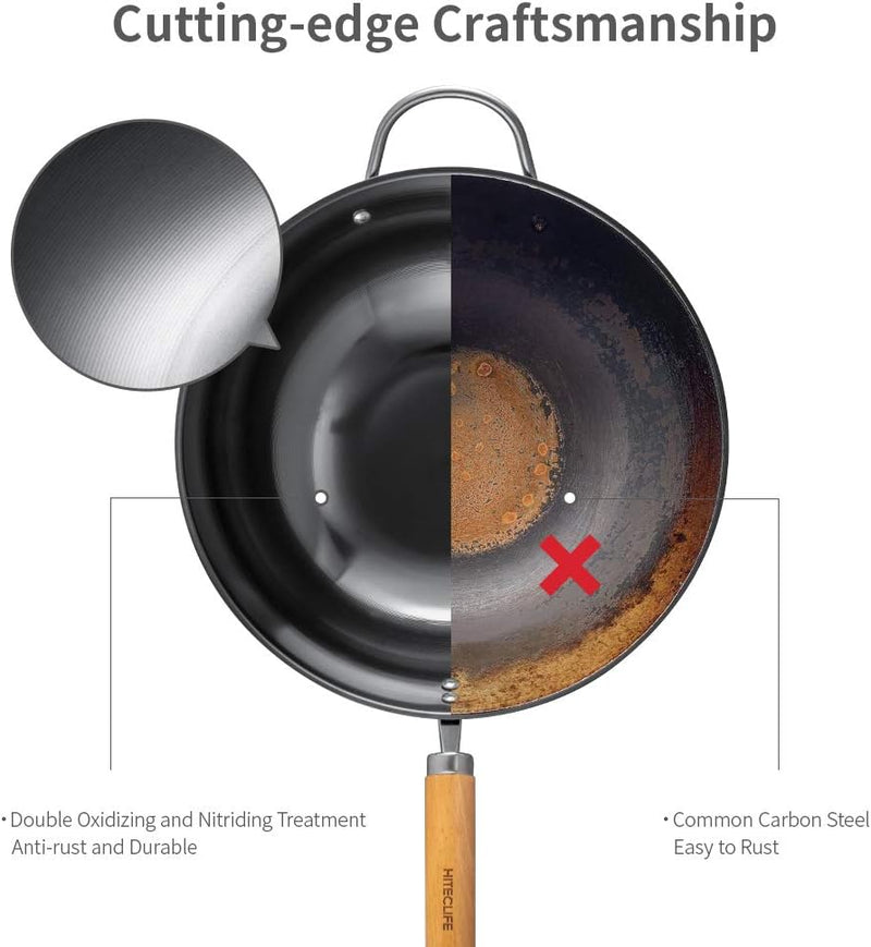 Wok Pan with Lid, 13 inch High Carbon Steel Wok, Chemical-free Stir Fry Pan with Detachable Wood Handle