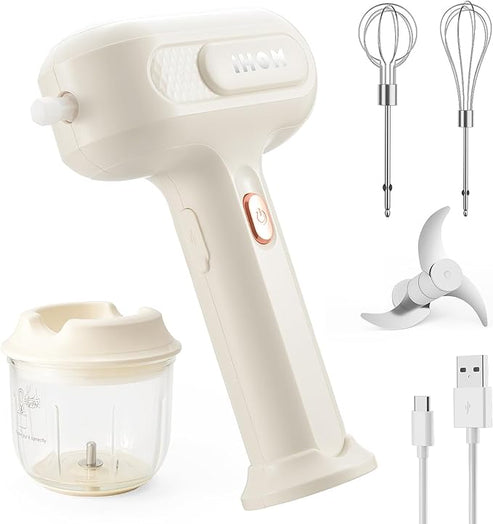 3-in-1 Hand Mixer, hand mixer electric handheld with Garlic Chopper to Cutting Onions, Peppers, 3-Speed Self-Control Electric Mixer with Type-C Charging Cable for Whipping or Mixing Eggs, Cream