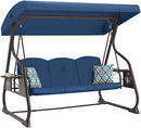 3-Seat Patio Porch Swing 800LBS Outdoor Swing with Stand w/Canopy & Adjustable Backrest Patio Glider Chair w/Removable Pillows & Foldable Side Tray for Balcony Garden Deck