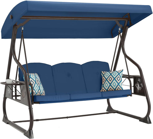 3-Seat Patio Porch Swing 800LBS Outdoor Swing with Stand w/Canopy & Adjustable Backrest Patio Glider Chair w/Removable Pillows & Foldable Side Tray for Balcony Garden Deck