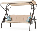 800LBS Patio Swing with Canopy 3 Seat Outdoor Porch Swing with Stand w/Cup Holder & Pillow Glider Chair Swing Bed for Patio Backyard Poolside