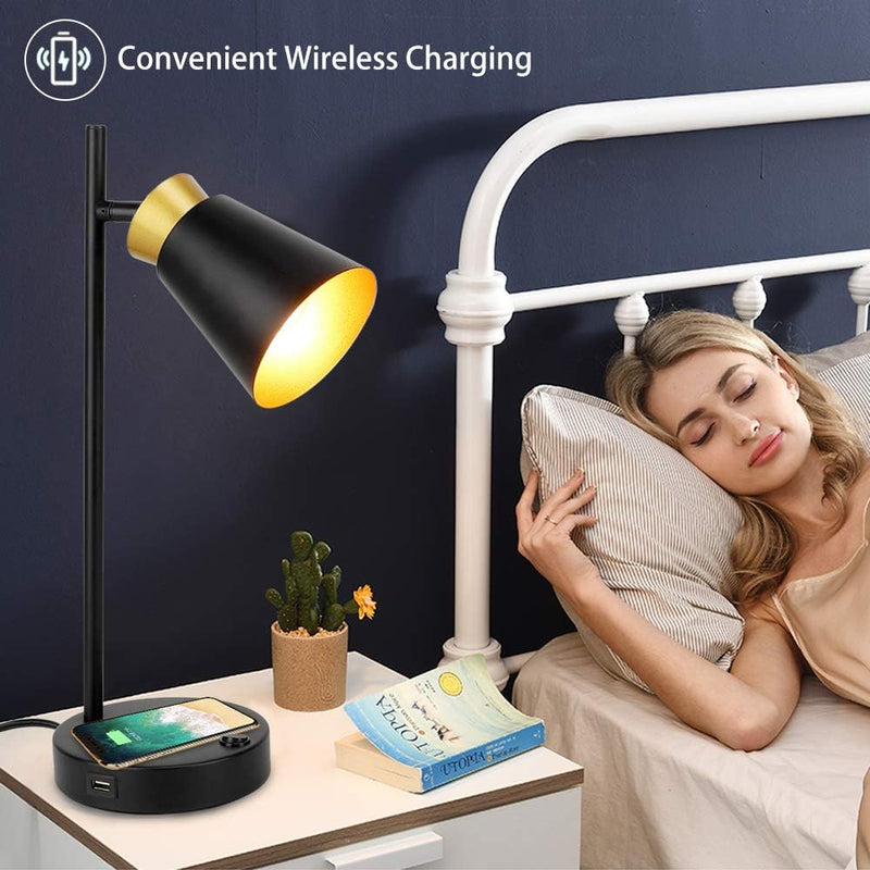 LED Desk Lamp, 5W E14 Table Lamp with Wireless Charger and USB Charging Port