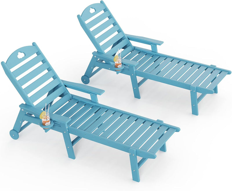 Outdoor Lounge Chair with Cup Holder, Outdoor Chaise Lounge with 6-Position Adjustable Backrest, HDPE Lounge Chair for Poolside, Patio, Deck & Backyard, Chaise Lounge