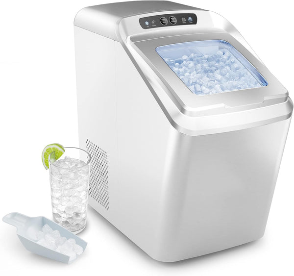 55lbs Countertop Nugget Ice Maker – Pebble Ice Machine, Soft Chewable Pellets in 5 Min, 55Lbs/24H, 3lb. Capacity, Waterline-Compatible, Self-Cleaning, Stainless-Steel + Scoop