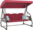 3-Seat Patio Porch Swing 800LBS Outdoor Swing with Stand w/Canopy & Adjustable Backrest Patio Glider Chair w/Removable Pillows & Foldable Side Tray for Balcony Garden Deck