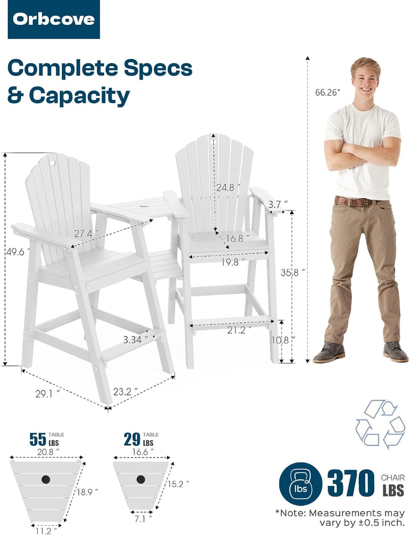 Tall Adirondack Chairs Set of 2 with 2-Layer Connecting Table, HDPE Bar Height Outdoor Table and Chairs with Umbrella Hole, All Weather Outdoor Bar Stools for Patio, Deck, Yard