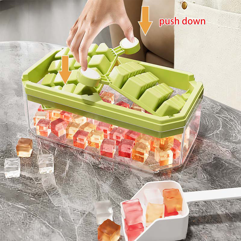 Bi-Fold Ice Lattice Single Layer with Covered Ice Bin Ice Spoon, Easy Release Spill-Resistant Ice Cube Maker Ice Cube Tray Mold for Whiskey Cocktail,Tea,Coffee