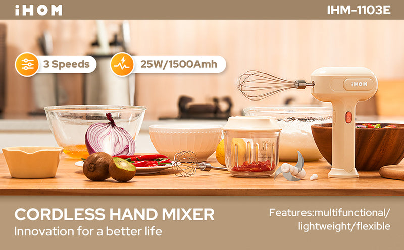 3-in-1 Hand Mixer, hand mixer electric handheld with Garlic Chopper to Cutting Onions, Peppers, 3-Speed Self-Control Electric Mixer with Type-C Charging Cable for Whipping or Mixing Eggs, Cream