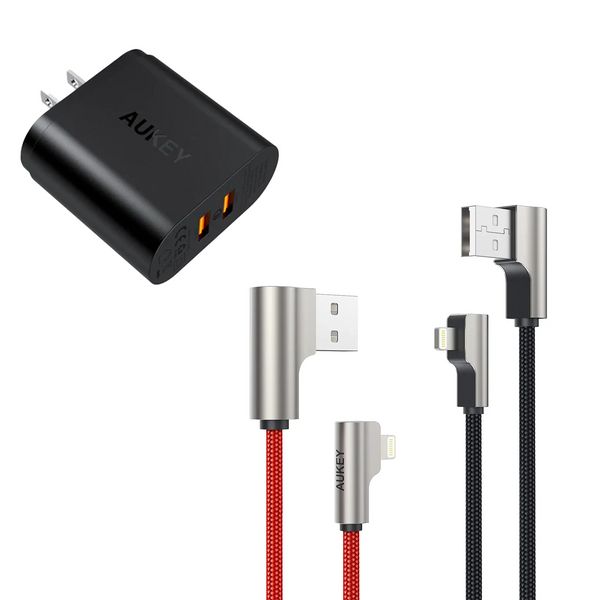 2-Pack AUKEY USB to Apple Lightning MFi Right-Angle Cables (1 Black + 1 Red), with USB Charger