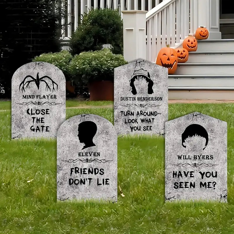 Outdoor Halloween Decorations, 4ct Large Stranger Things Tombstones, Gravestone Decor Yard Signs with Stakes, 16" Tall Realistic Scary Graveyard Headstone