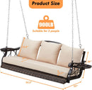 3-Person Wicker Porch Swing Chair Heavy Duty 900 LBS Outdoor Rattan Patio Swing Chair w/Cup-Holder & Steel Chains Hanging Bench Porch Swing Cushions for Deck & Backyard & Garden