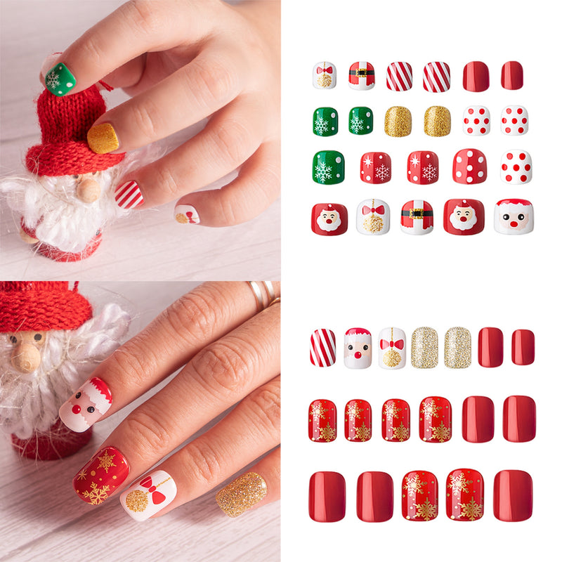 54Pcs Christmas Fake Nails For Kids and Mom, Glossy Red Press on Nails