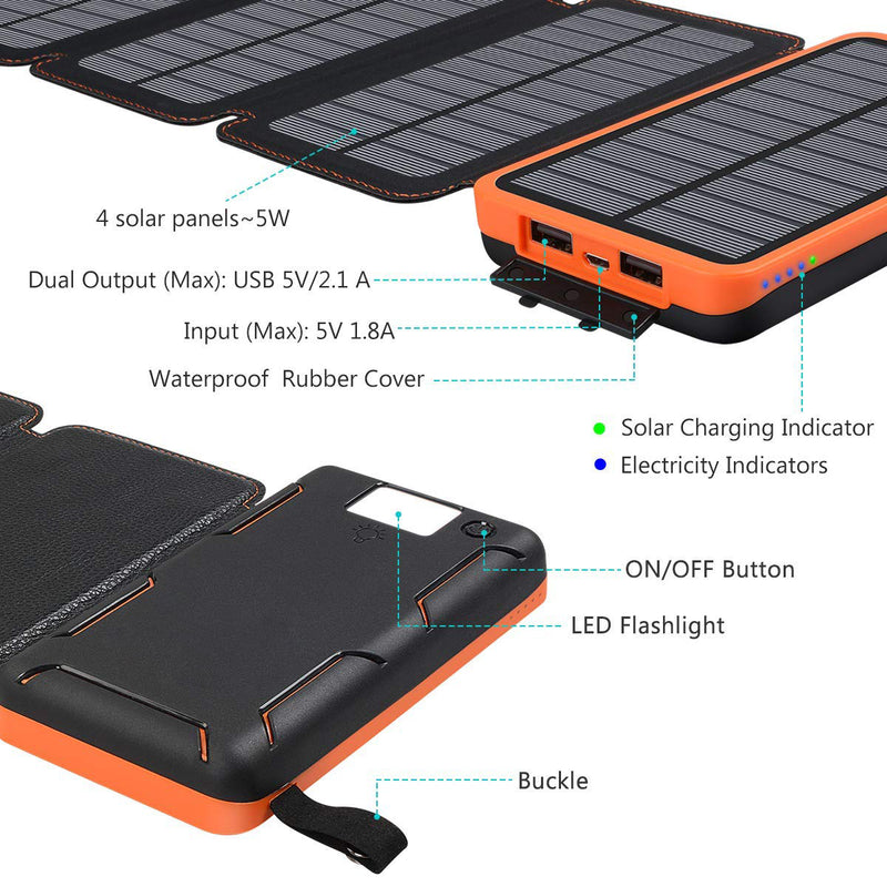 25,000mAh Portable Power Bank with 4 Foldable Solar Panels, Dual USB Ports & Built-In Emergency Light
