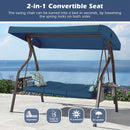 3-Seat Outdoor Porch Swing with Stand, Patio Swing with Canopy, 2 in 1 Porch Swing Bed & Patio Swing Chair for Adult w/Extra Pillows and Cup Holder for Yard