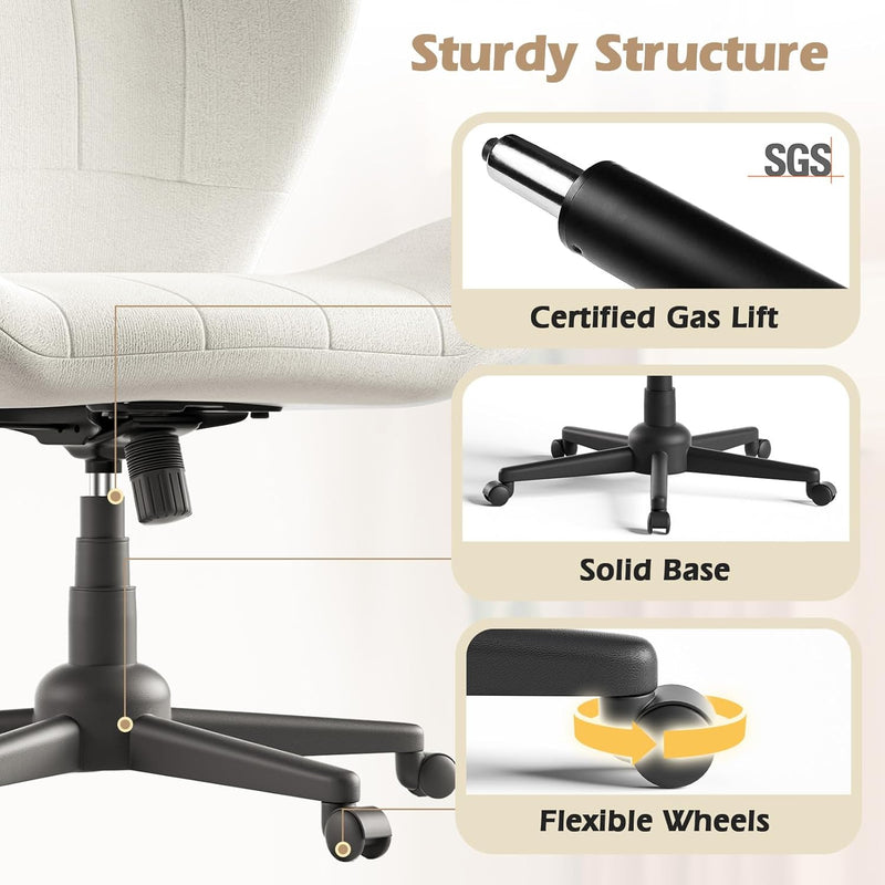 Cross Legged Chair Armless Office Chair with Wheels Wide Desk Chair with Tall Back Comfy Vanity Chair with Stress Relief Curved Design Seat Criss Cross Chair for Bedroom & Office & Home