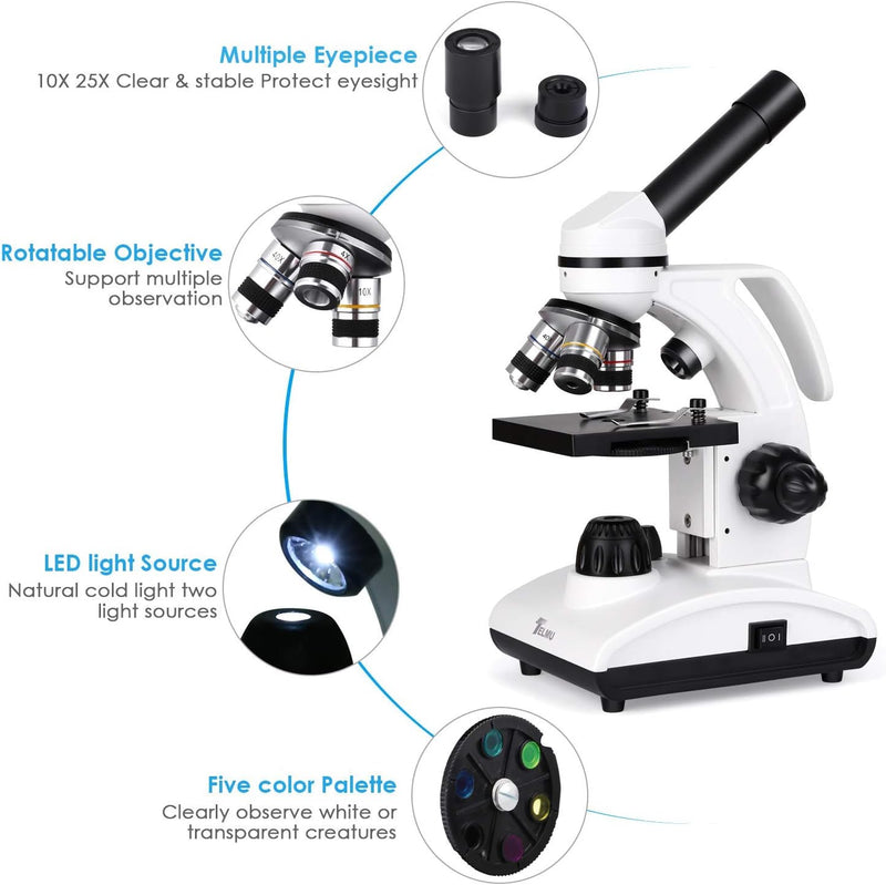 Microscope with 5 Magnification Settings, Optical Glass Lenses & 10 Slides