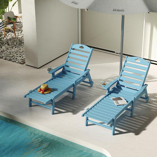 Outdoor Lounge Chair with Cup Holder, Outdoor Chaise Lounge with 6-Position Adjustable Backrest, HDPE Lounge Chair for Poolside, Patio, Deck & Backyard, Chaise Lounge
