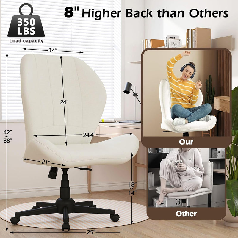 Cross Legged Chair Armless Office Chair with Wheels Wide Desk Chair with Tall Back Comfy Vanity Chair with Stress Relief Curved Design Seat Criss Cross Chair for Bedroom & Office & Home