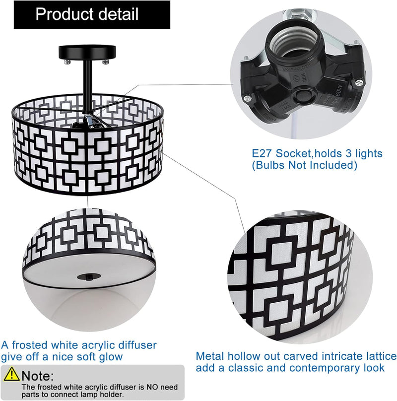 Modern Semi Flush Ceiling Light Fixture, 3-Light Bedroom Ceiling Drum Light