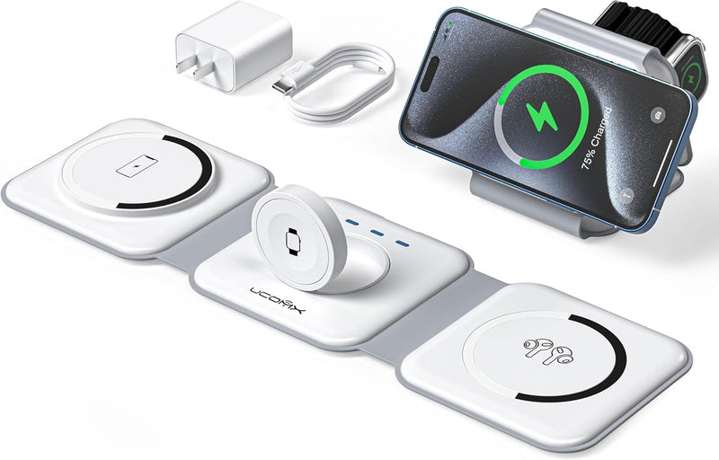 3 in 1 Charging Station for Multple Devices,Foldable 3 in 1 Wireless Charger for Travel,Nano Wireless Charging Station for iPhone16 15 14 13 12 Pro Max/Watch 10 9 8 7 6 5 4 3 Ultra/AirPod Pro