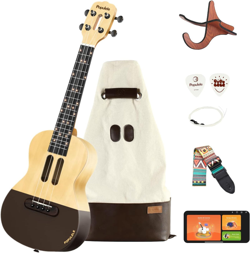 Populele Populele Concert Ukulele Beginners 23-Inch Smart Ukulele with 72 LED Lights, Free Online Lessons Auto-Tuner Gig Bag Strap Nylon String Picks for Family Fun Travel and Gifts