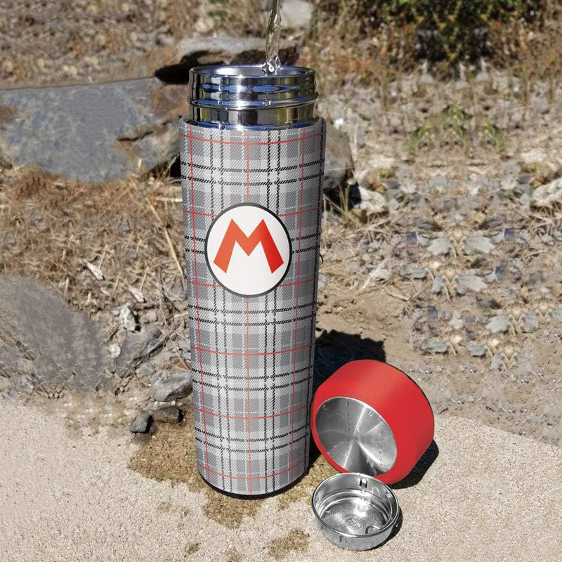 Super Mario Vacuum Insulated Stainless Steel Sport Water Bottle, Leak Proof, Wide Mouth, 17 oz, 500 ML, Mario Plaid