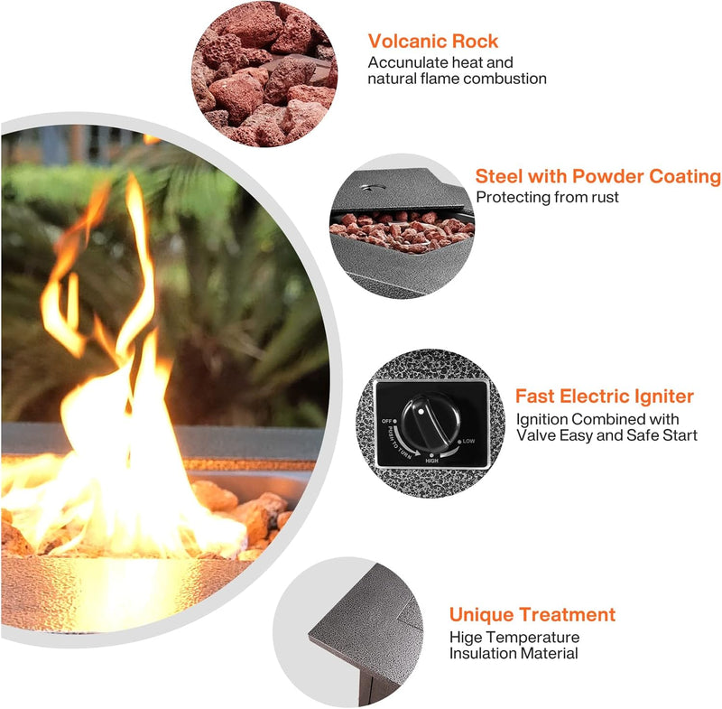 Outdoor Propane Fire Pit Table, 28 inch Auto-Ignition Patio Gas Fire Pit with Lid and Lava Rock, External Igniter and CSA Certified, Unique Finish Great Addition to The Yard or Deck