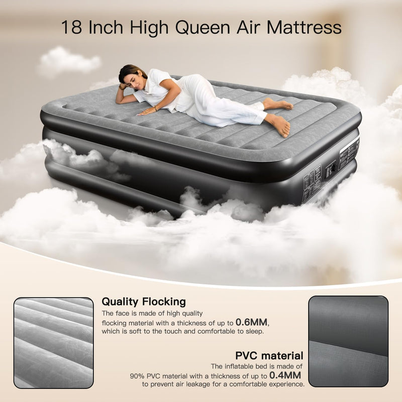 Lavisx 18" Premium Queen Size Air Mattress with Built-In Pump, Soft Flocked Top, and Automatic Inflation/Deflation
