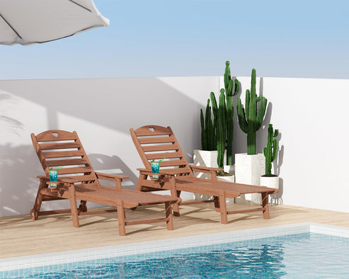 Aokia Plastic Lounge Chairs for Outside Set of 2 with Wheels & Cup Holder, Oversize HDPE 6-Position Chaise Lounge Outdoor Lounger for Patio & Pool.