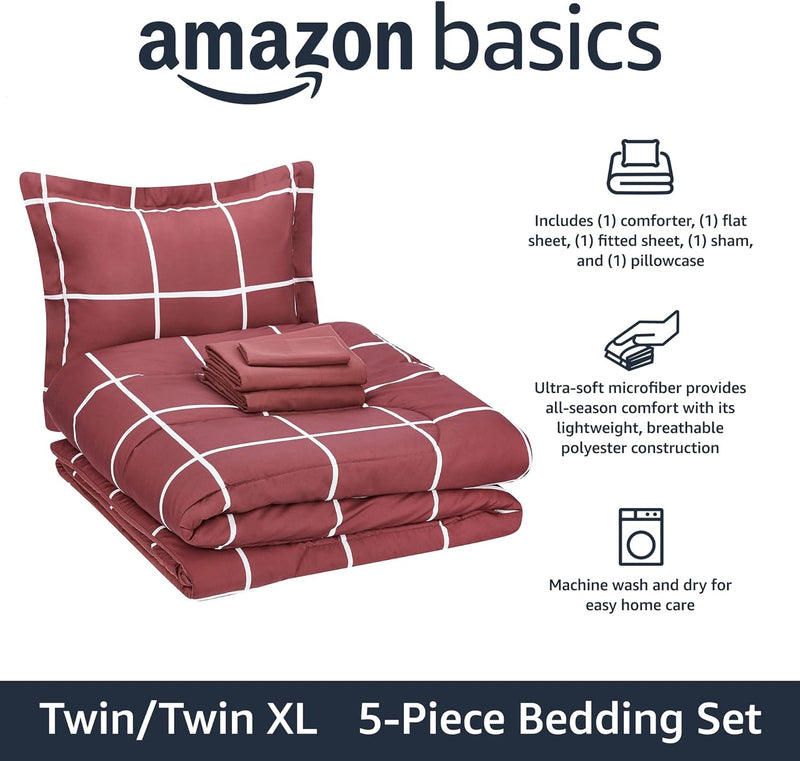 Amazon Basics Lightweight Microfiber Bed-in-a-Bag Comforter 5-Piece Bedding Set, Twin/Twin XL