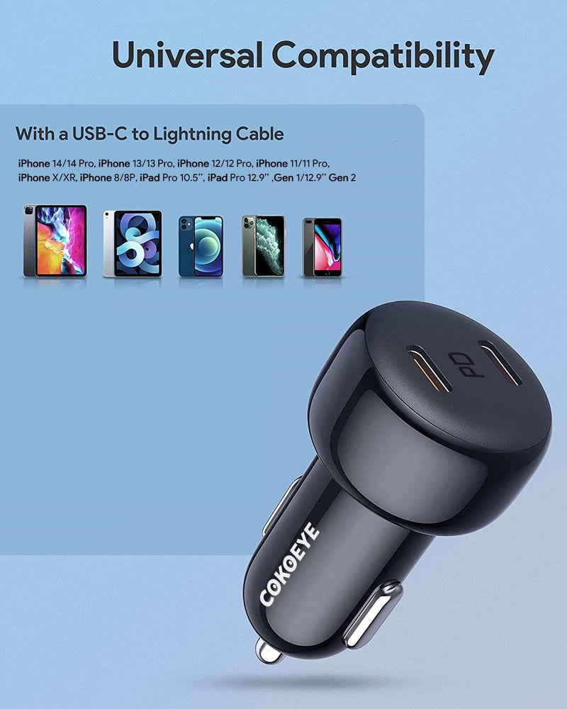 (2-Pack) 40W Dual USB-C Port Car Phone Charger with Lightning to USB-C Cable