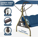 800LBS Patio Swing with Canopy 3 Seat Outdoor Porch Swing with Stand w/Cup Holder & Pillow Glider Chair Swing Bed for Patio Backyard Poolside