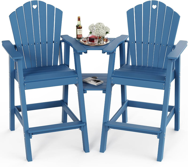 Tall Adirondack Chairs Set of 2 with 2-Layer Connecting Table, HDPE Bar Height Outdoor Table and Chairs with Umbrella Hole, All Weather Outdoor Bar Stools for Patio, Deck, Yard